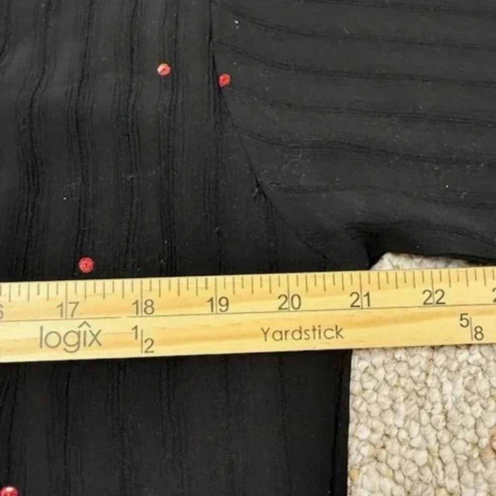 A Little Larger ALL Black Crinkle Tunic Top Red Sequin Embroidered V-Neck Size 1